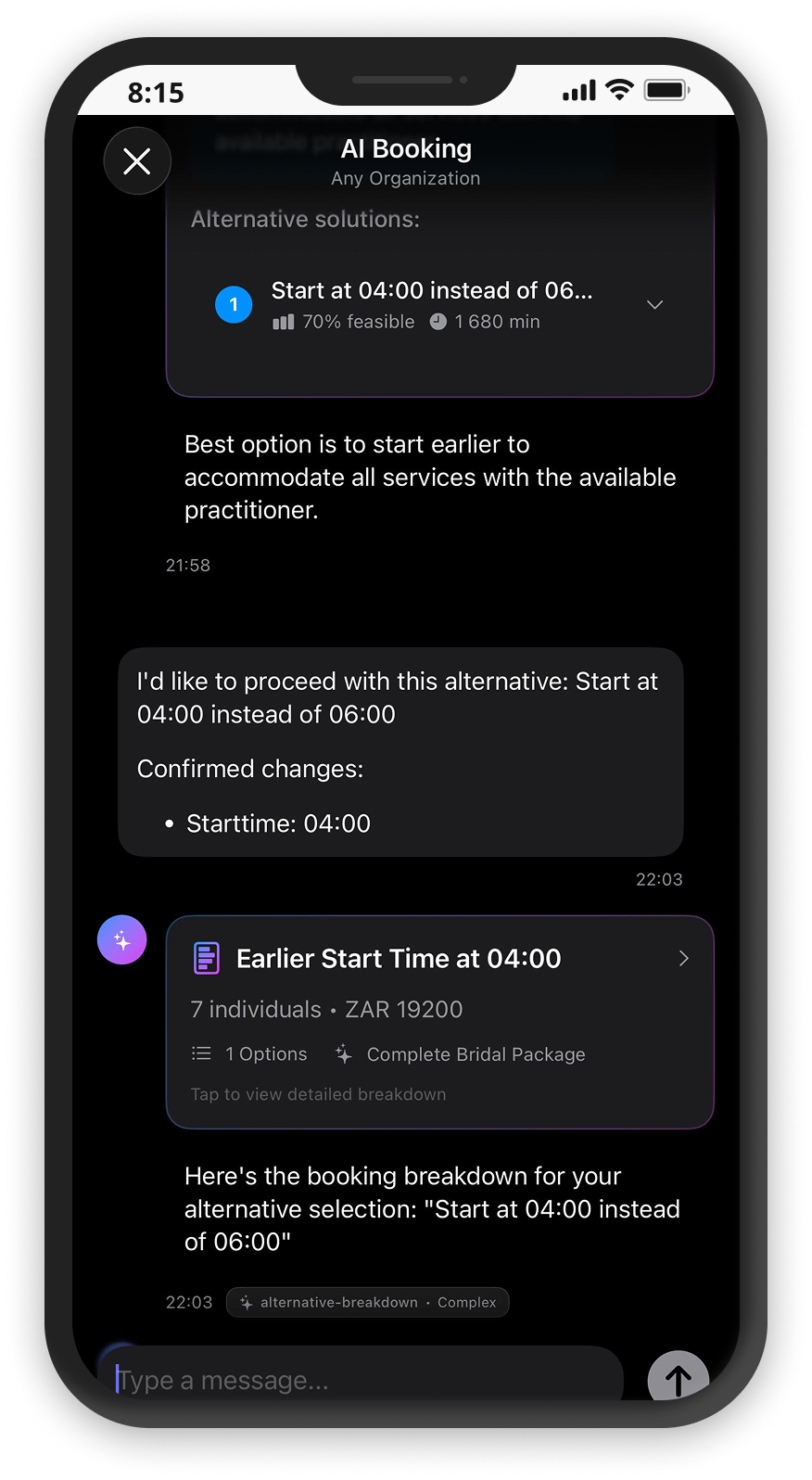 AI booking interface in dark mode